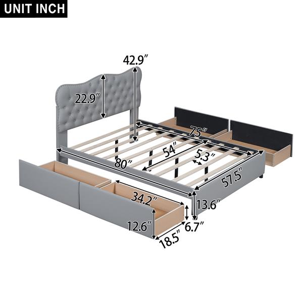 全尺寸 PU 皮革软垫平台床，带 4 个抽屉，灰色-8