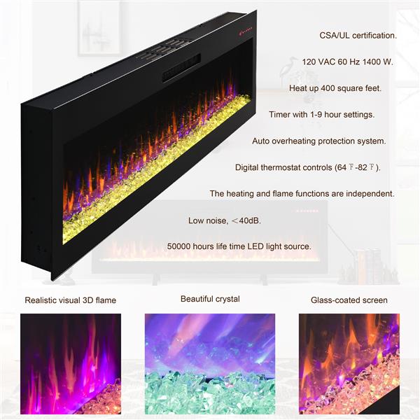 50 英寸电壁炉、嵌入式和壁挂式壁炉-7