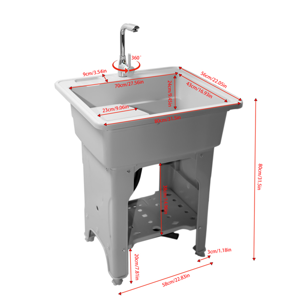 A3- 80款灰色塑料洗衣槽 Gray Freestanding Plastic Utility Sinks Utility Sink Laundry Tub Outdoor Sink Drop in Deep Sink Kit with Inlet Pipe and Drain Pipe-6