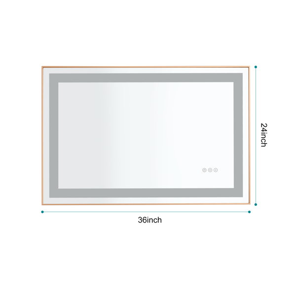 36x24 英寸 LED 前照光浴室镜，带金属框架，壁挂式梳妆镜，带智能触摸按钮，防雾，记忆功能，3 种颜色，无级调光化妆镜（水平/垂直）-11