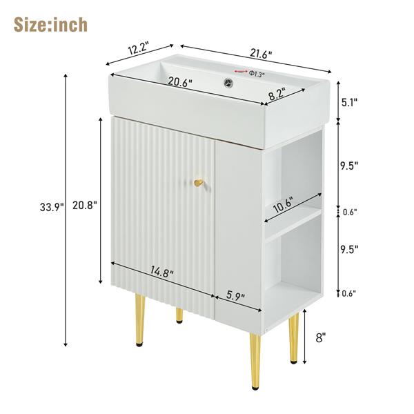 21.6 英寸白色浴室盥洗台、组合柜、浴室储物柜、单个陶瓷水槽、右侧储物柜-1