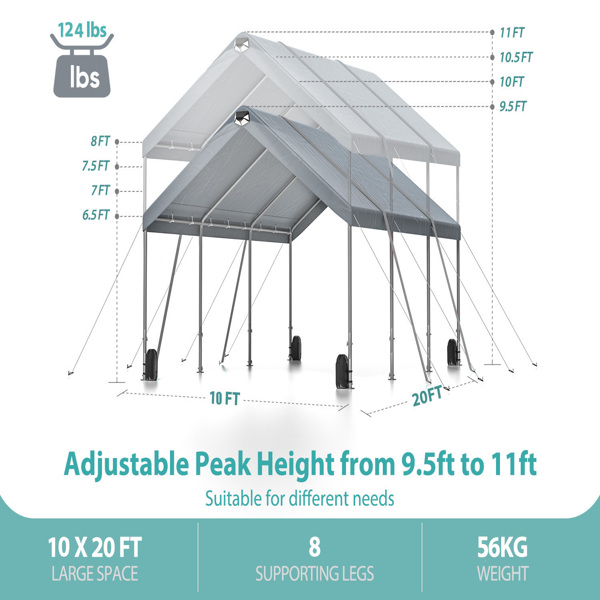 10 * 20 重型车棚顶篷 - 超大便携式汽车帐篷车库，峰值高度可调节，范围从 9.5 英尺到 11 英尺，可拆卸车顶和侧壁，适用于汽车、SUV、船只-1