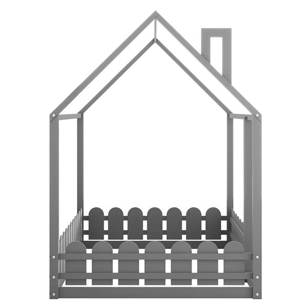 （不含板条）带围栏的全尺寸木床房屋床架，适合儿童、青少年、女孩、男孩（灰色）-5