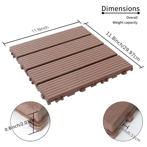 44pcs 直条纹深棕色 11.8“x 11.8”（30cmx30cm）互锁甲板塑料瓷砖 四向锁定，防滑防水室内外，全天候露台瓷砖，3D仿木纹，用于庭院，阳台-3