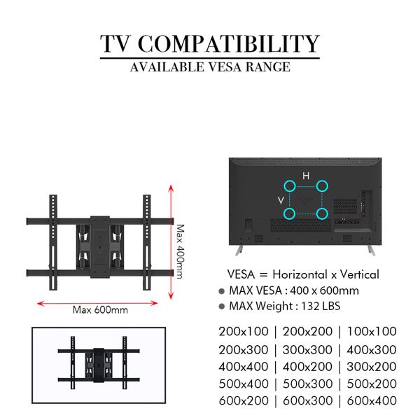 LEADZM TMDS-106 最大VES 400x600mm 壁挂电视架 60kg 可调节角度 5° 40~75 inch电视 黑色-9