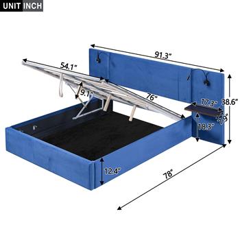 全尺寸储物软垫液压平台床，带 2 个搁板、2 个灯和 USB，蓝色