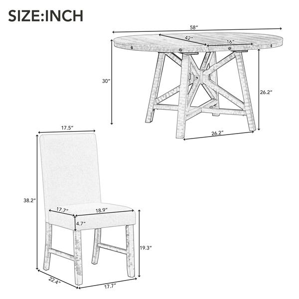 5 件套复古实用餐桌套装，带可伸缩圆桌和可拆卸中桌以及 4 把软垫椅子，适用于餐厅和客厅（天然木水洗）-2