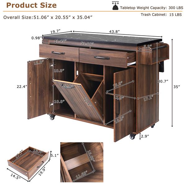 厨房岛台，带垃圾桶储物柜、带下拉板的厨房推车、调料架、毛巾架和抽屉、带轮子的滚动厨房岛台，带可调节搁板，胡桃棕色-13