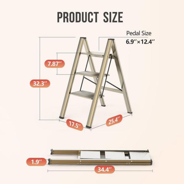 3级阶梯，带宽防滑踏板的折叠式阶梯凳，铝制轻质阶梯，适用于家庭、厨房、办公室的便携式阶梯300lbs-金色（周末不发货，禁售亚马逊）-6