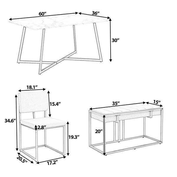 现代人造大理石 6 件套餐桌套装，60 英寸金属厨房餐桌套装，带软垫餐椅和长凳，金色-7