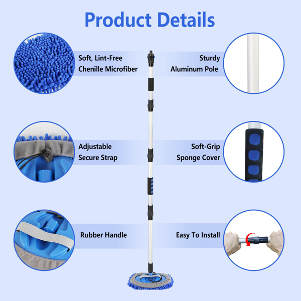 5件汽车清洁刷套件61英寸可拆卸长柄软质超细纤维拖把刷米特挡风玻璃刮刀除尘器毛巾轮层刷软管适配器，适用于汽车房车卡车船-5