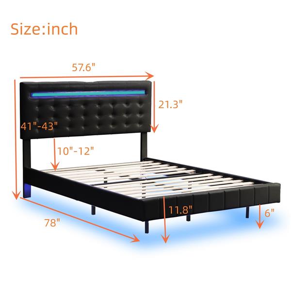 全尺寸浮动床架，带 LED 灯和 USB 充电，现代软垫平台 LED 床架，黑色（全尺寸）-15