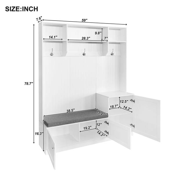 时尚优雅的设计门厅树，配有舒适和存储解决方案，带长凳和垫子的实用门厅鞋柜，带挂钩的现代衣帽架，适合入口处，白色-14