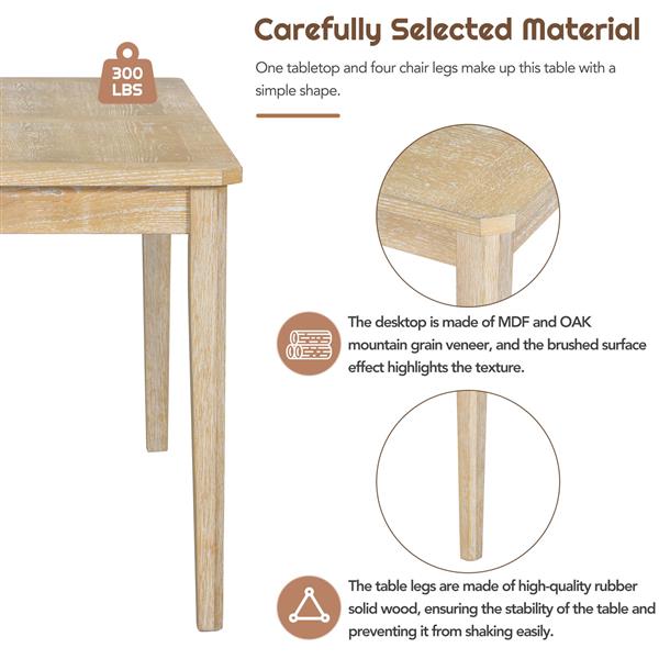 6 件套复古餐桌套装，简约餐桌和 4 把软垫椅子和 1 张带架子的长凳，适用于餐厅（天然木水洗）-14