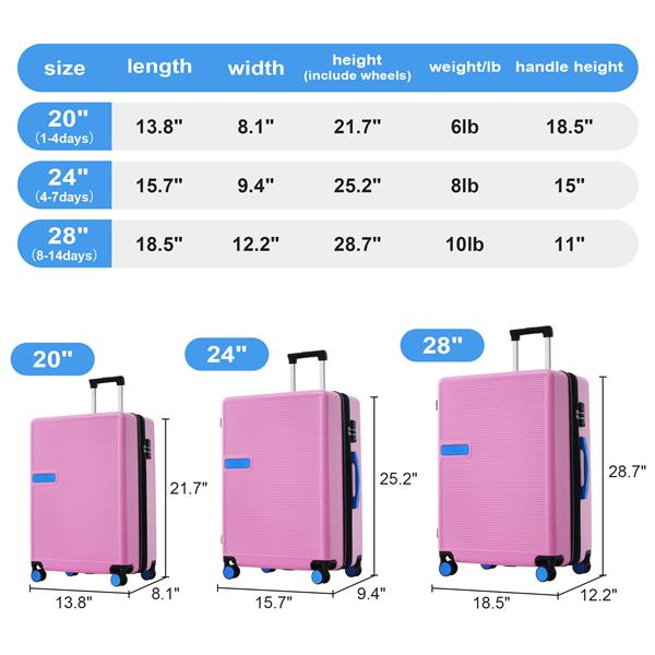 对比色 3 件套行李箱套装 硬壳拉杆箱 带 TSA 锁 20 英寸 24 英尺 28 英寸 有货-6