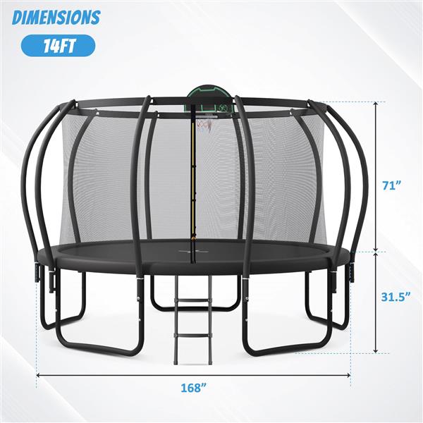 14 英尺儿童蹦床，配有升级版 ArcPole 和复合 TopLoop 安全围栏，外加篮球板和 10 个地桩，户外休闲游戏组合平衡体能训练蹦床-2