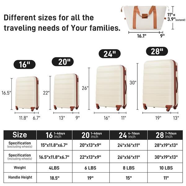 硬壳行李箱套装 4 件 + 带 TSA Lock 的拉杆箱 轻便 16 英寸 + 20 英寸 + 24 英寸 + 28 英寸行李箱-7