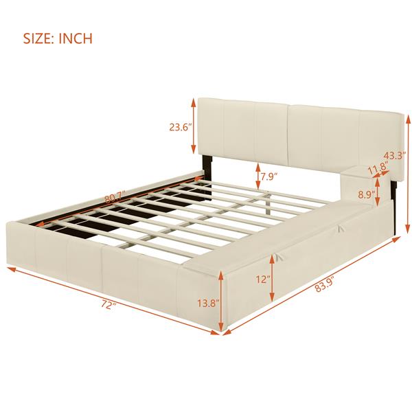 大号软垫平台床，带侧边储物格和厚布料，天鹅绒，米色-13