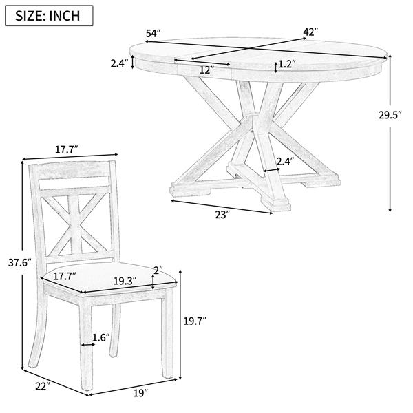 5 件套复古实用餐桌套装可延伸圆桌和 4 把软垫椅子适用于餐厅和客厅（棕色+古董白）-8