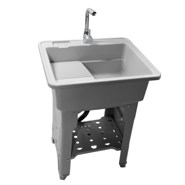 A3- 灰色塑料洗衣槽 Grey Indoor Outdoor Freestanding Laundry Sink with Washboard, Faucet, Hoses Drain Kit-8