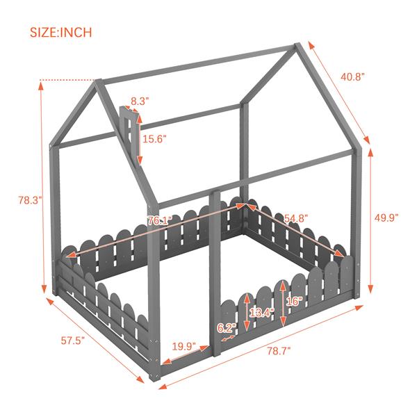 （不含板条）带围栏的全尺寸木床房屋床架，适合儿童、青少年、女孩、男孩（灰色）-11