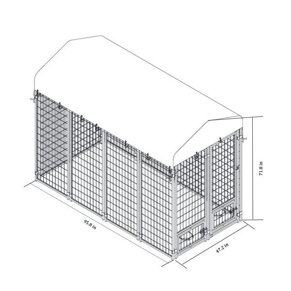 户外狗窝8' x 6' x 4'带有防水雨棚屋顶，重型金属狗笼带旋转喂食门-3