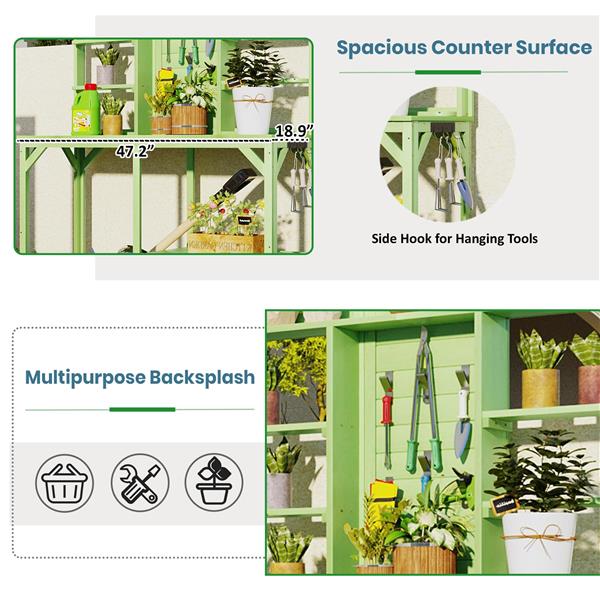 64.6 英寸大型户外盆栽长凳、花园盆栽桌、木制工作台，配有 6 层架子、大桌面和侧挂钩，适用于门厅、后院、绿色-18