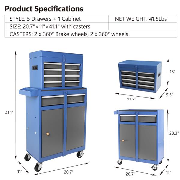 工具箱，5 抽屉滚动工具储物柜，带可拆卸顶部工具箱、内衬、通用可锁轮、可调节搁板、锁定装置、金属工具车，适用于车库车间-18