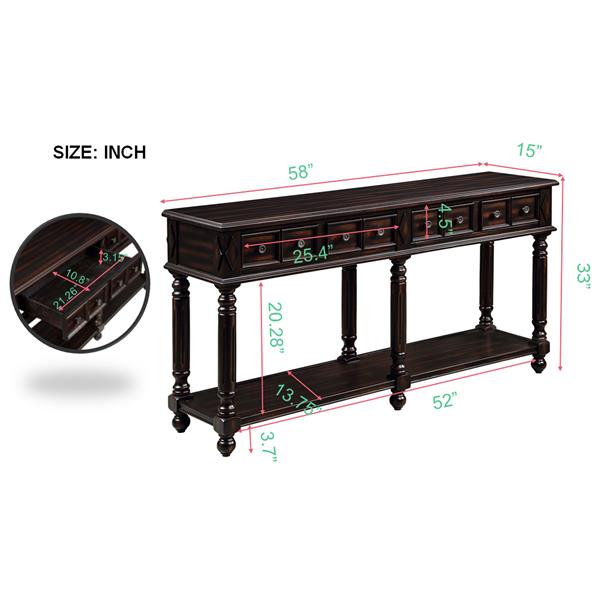 复古控制台桌入口桌 58 英寸长沙发桌，带 2 个相同尺寸的抽屉和底部储物架（仿古黑色）-23