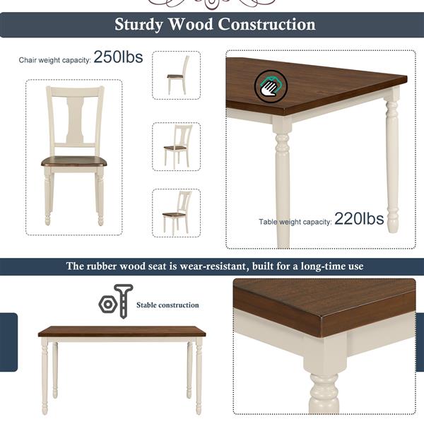 经典 6 件餐具套装木桌和 4 把椅子带长凳适用于厨房餐厅（棕色+小屋白）-23