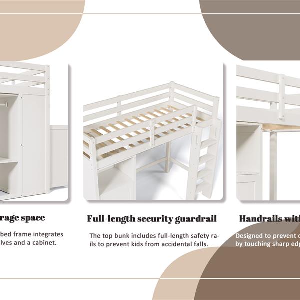 双层阁楼床，配有衣柜、储物架和梯子，白色-5