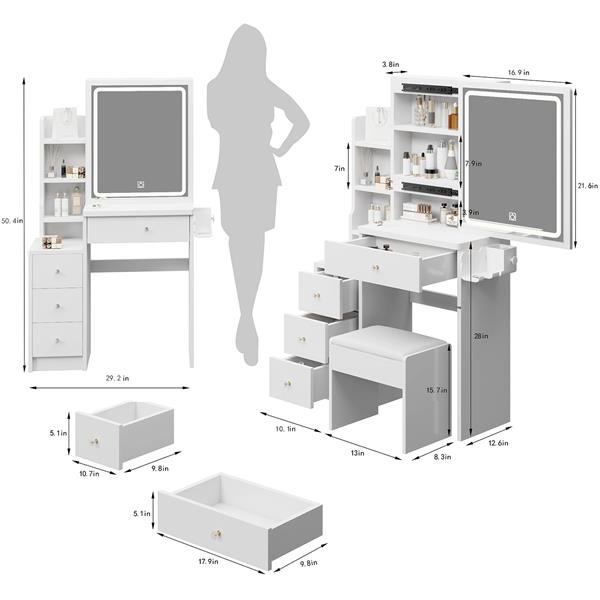 小空间左侧床头柜梳妆台+软垫凳子，2个AC+2个USB电源站，吹风机支架，超大触控滑动LED镜，三色切换，亮度可调-6