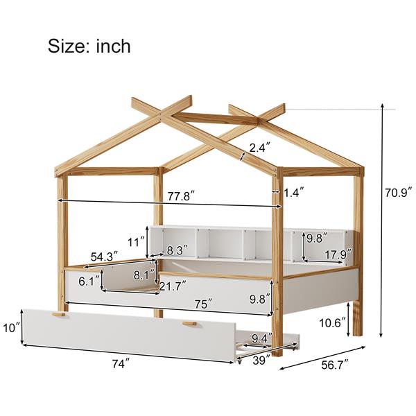 白色全尺寸木制房屋床，带原木色框架，双人床，带书架，储物空间，适合儿童或客房-11