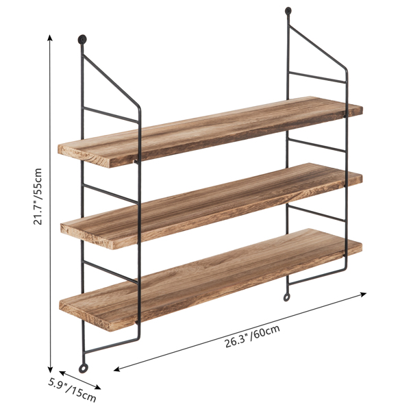  60cm长3层钢木结合 墙面搁架 泡桐木 铁框 55*60*15cm 原木色板材 黑色框架 N001 墙面置物 复古风-3