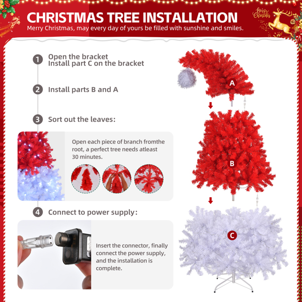 6ft 红白色 300灯 冷白色8模式 1050枝头 圣诞帽造型 自动树结构 PVC材质 圣诞树 美规-6