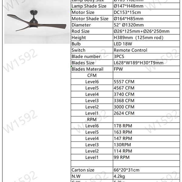 52 英寸带灯遥控器吊扇，静音直流电机 3 叶片吊扇 6 档速度，可逆吊扇，适用于露台客厅、卧室、办公室、室内。（哑光黑 + 黑胡桃木）-2