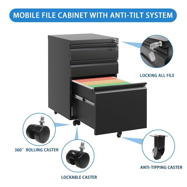 带锁的 3 抽屉移动文件柜，适用于家庭办公室整理信件/法律/A4 的金属文件柜，完全组装，黑色-10