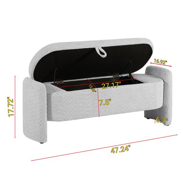 椭圆形储物长凳 3D 羊毛绒面料长凳，带大储物空间，适用于客厅、入口和卧室，灰色-10