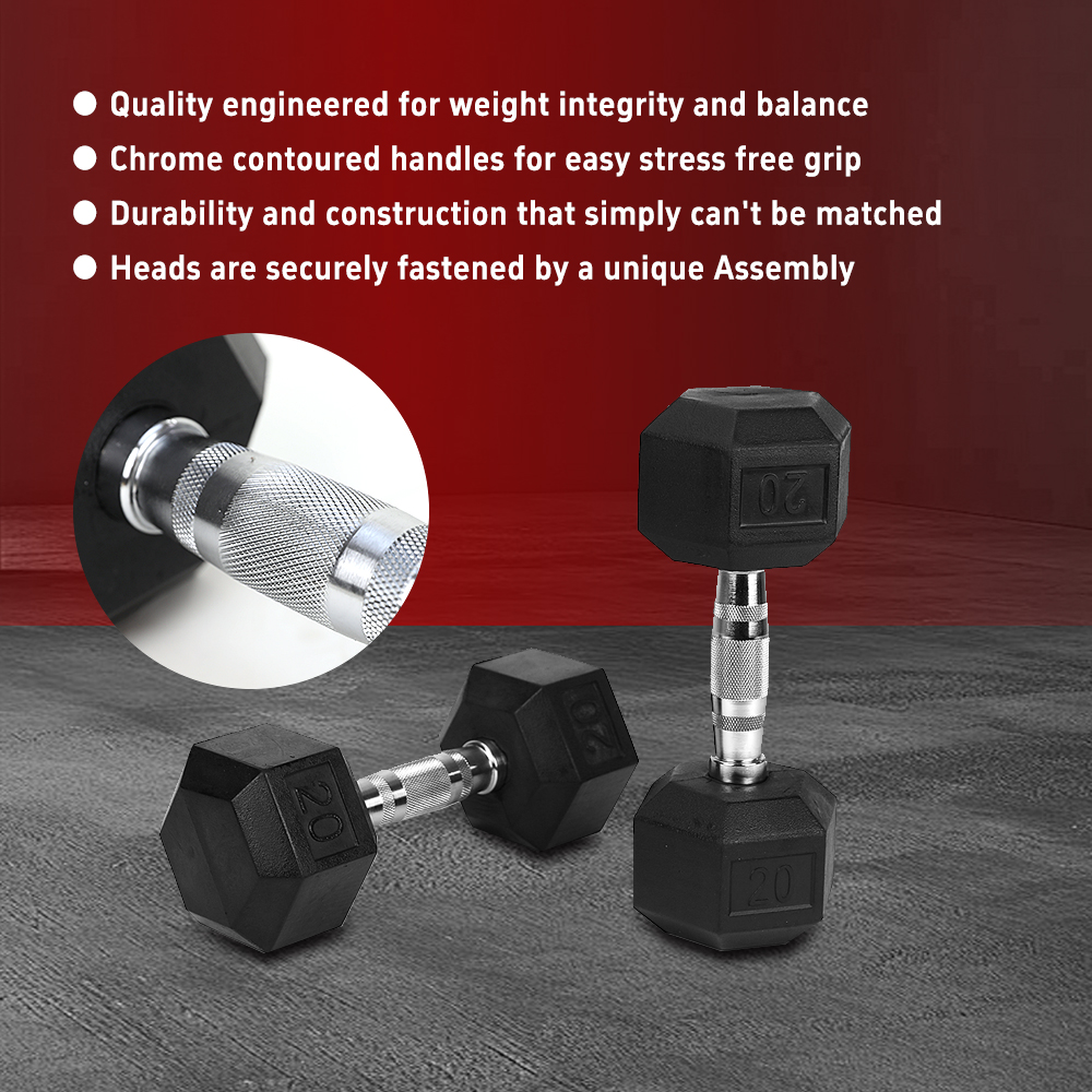 20LB Rubber Coated Hexagon Dumbbell with Chrome Handle Solid Cast Iron 2 Piece - Picture 5 of 7