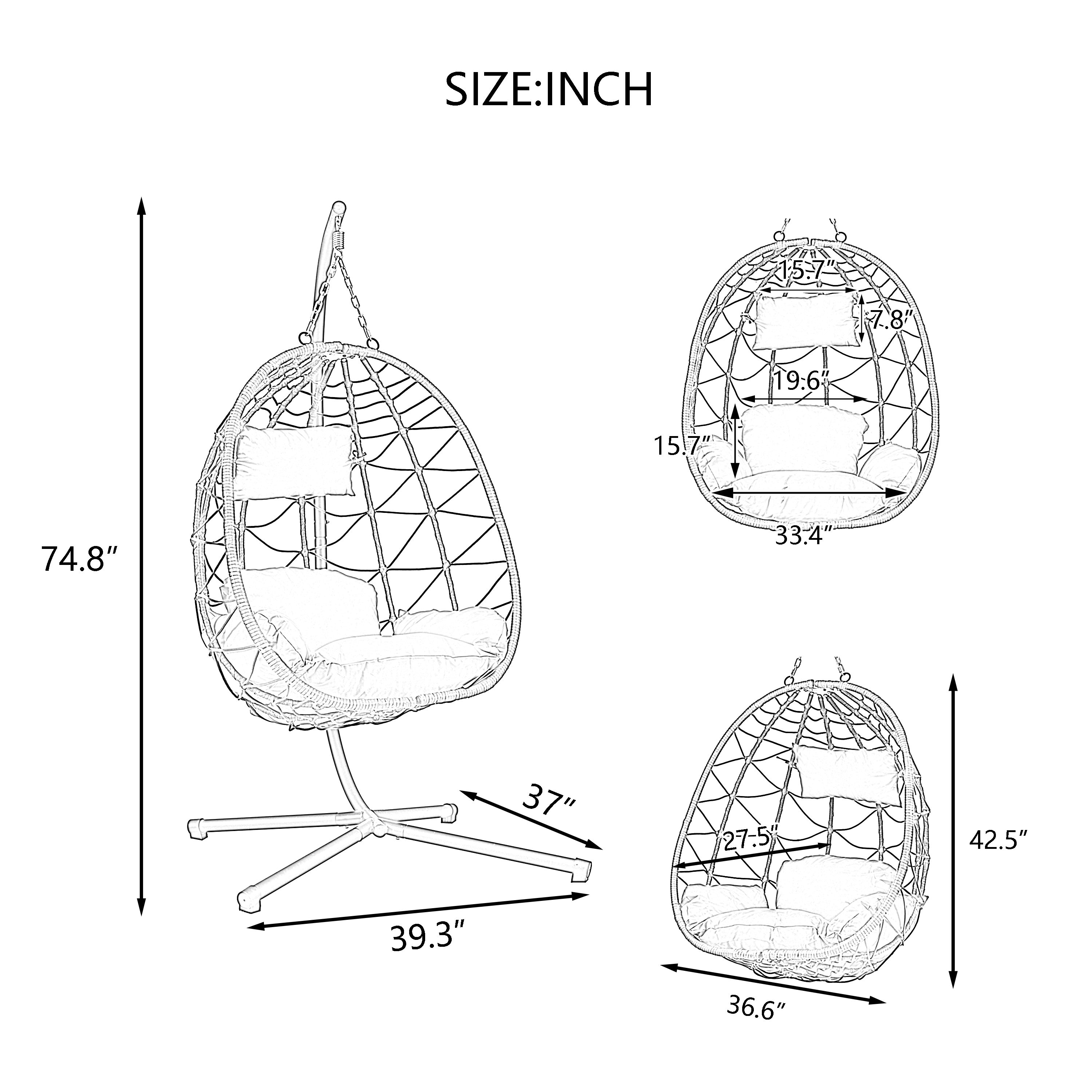 Hanging Egg Chair with Stand Indoor Outdoor Swing Wicker Patio Basket Seat