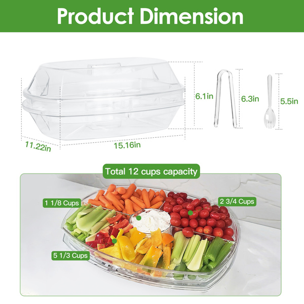 水果冰托盘冷藏蔬菜托盘虾鸡尾酒服务菜肴开胃菜派对服务拼盘冷食自助餐服务器，带盖和4个隔间，3汤匙10个勺子-7