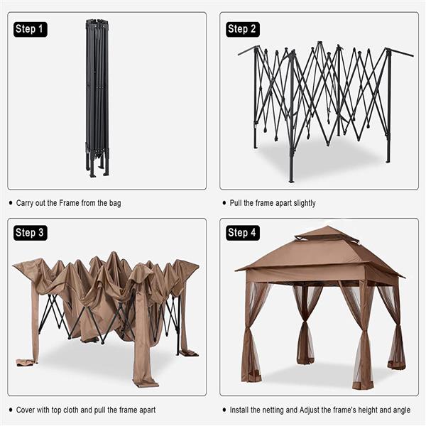 户外 11x 11 英尺弹出式凉亭天篷，带可拆卸拉链网，2 层软顶活动帐篷，适用于露台后院花园露营区，带 4 个沙袋，棕色-16