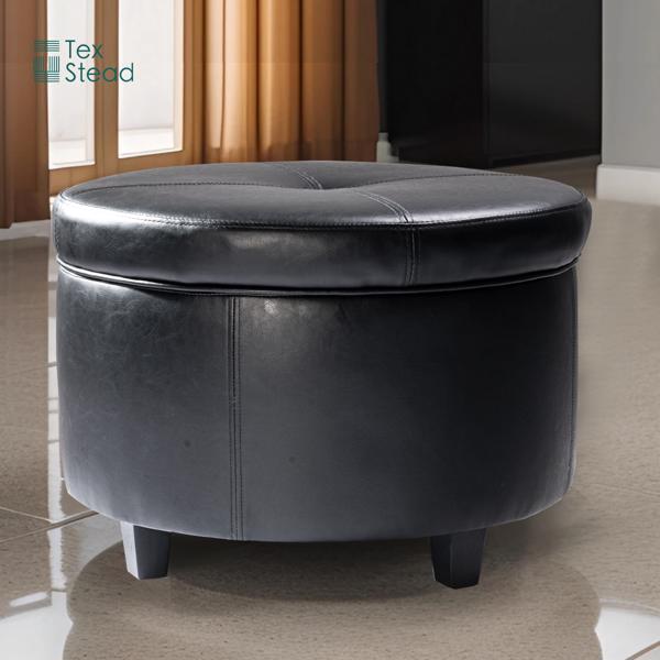 Round Leather Storage Ottoman Footstool with Wood-Based Panel - Hardwood Upholstered Footrest with Lid for Living Room and Bedroom Use-2