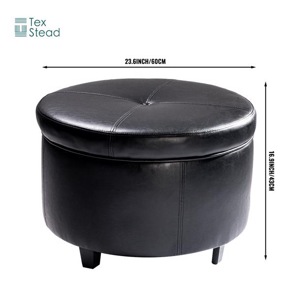 Round Leather Storage Ottoman Footstool with Wood-Based Panel - Hardwood Upholstered Footrest with Lid for Living Room and Bedroom Use-4