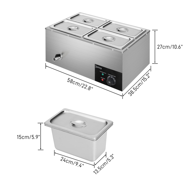  美规 TC1P-1/4 110V 110V,600W 5L*4 保温汤池 银色 不锈钢 四盘 加热食物-6