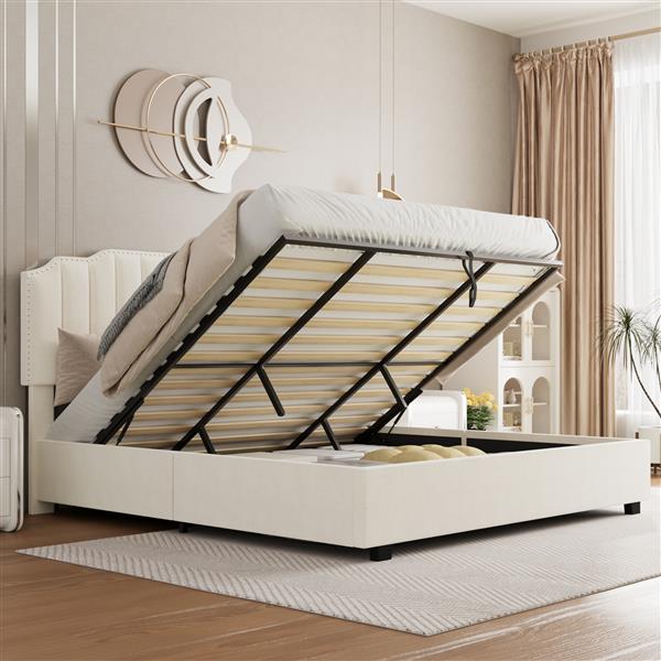 LIFT UP VELVET BEIGE QUEEN SIZE BED-4