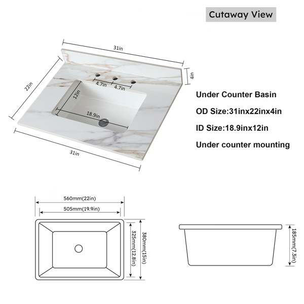31英寸大理石化妆台面，带嵌入式矩形中间水槽和4英寸高度挡水板的浴室化妆台面，预钻水龙头孔化妆台面-6