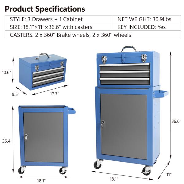 滚动车库车间工具整理器：可拆卸 3 抽屉工具箱，配有大型储物柜和可调节搁板-23