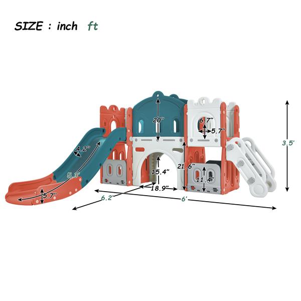 儿童滑梯玩具组合结构，带滑梯和篮球架的独立式城堡攀爬架，幼儿玩具收纳架，儿童攀爬游戏屋，适用于室内外游乐场活动-14
