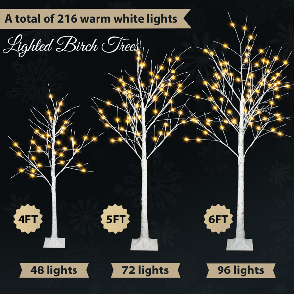 一套带灯桦树，4 英尺 48 LED/5 英尺 72 LED/6 英尺 96 LED 人造树，带暖白光，圣诞树，用于室内外装饰-3